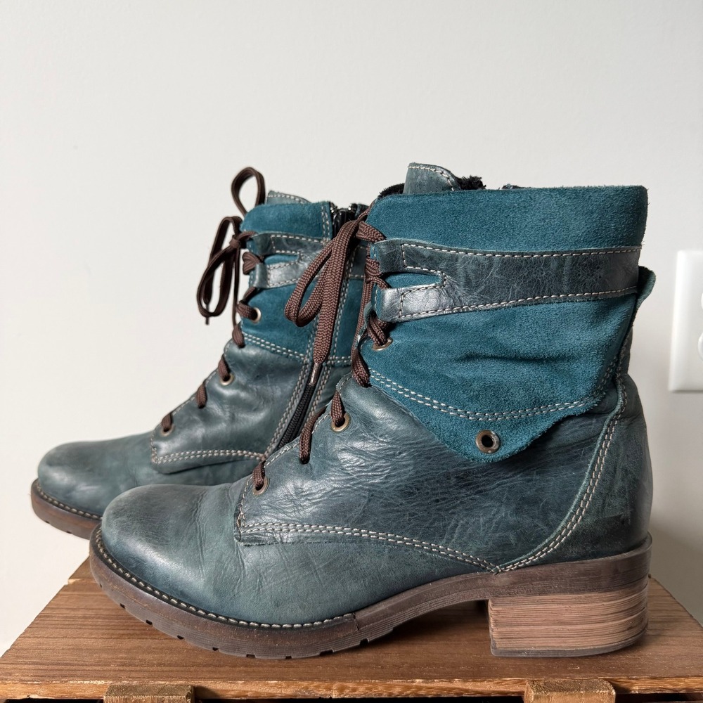 Dromedaris KARA Teal Blue Leather Suede Faux Fur Lined Combat Boots Portugal 40